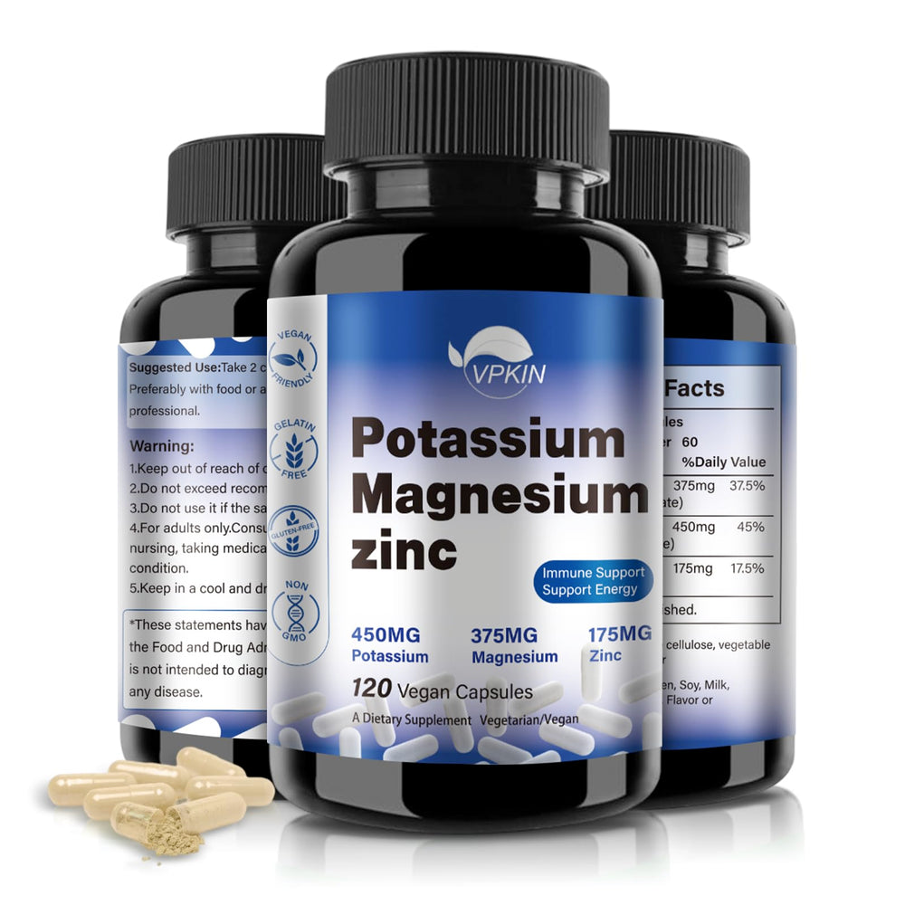 Potassium Magnesium supplement bottle containing 120 capsules