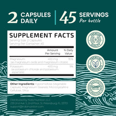 Potassium Magnesium label showing 400 mg Potassium and 400 mg Magnesium per serving