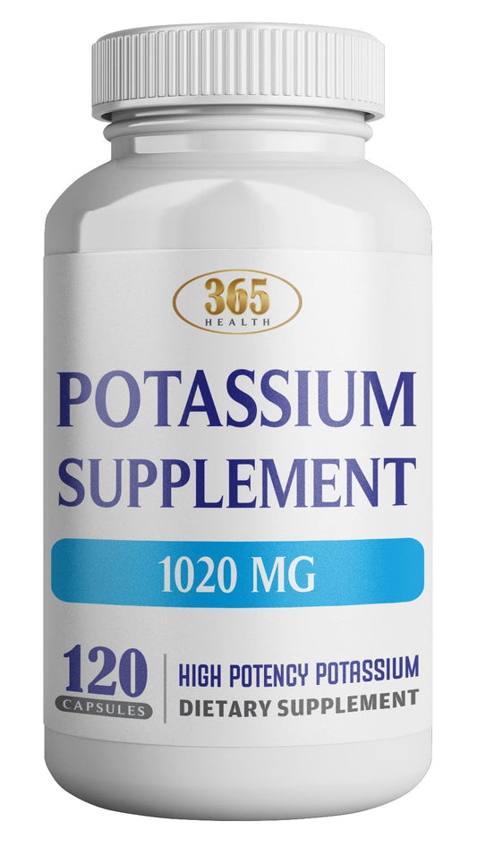365 Health Potassium Supplement bottle label showing 1020 mg potassium