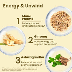 Close-up of ingredients: ginseng, ashwagandha, ginkgo, tribulus
