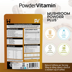 Assorted medicinal mushrooms used in PowderVitamin blend (Chaga, Reishi, Shiitake, Maitake, Tremella)