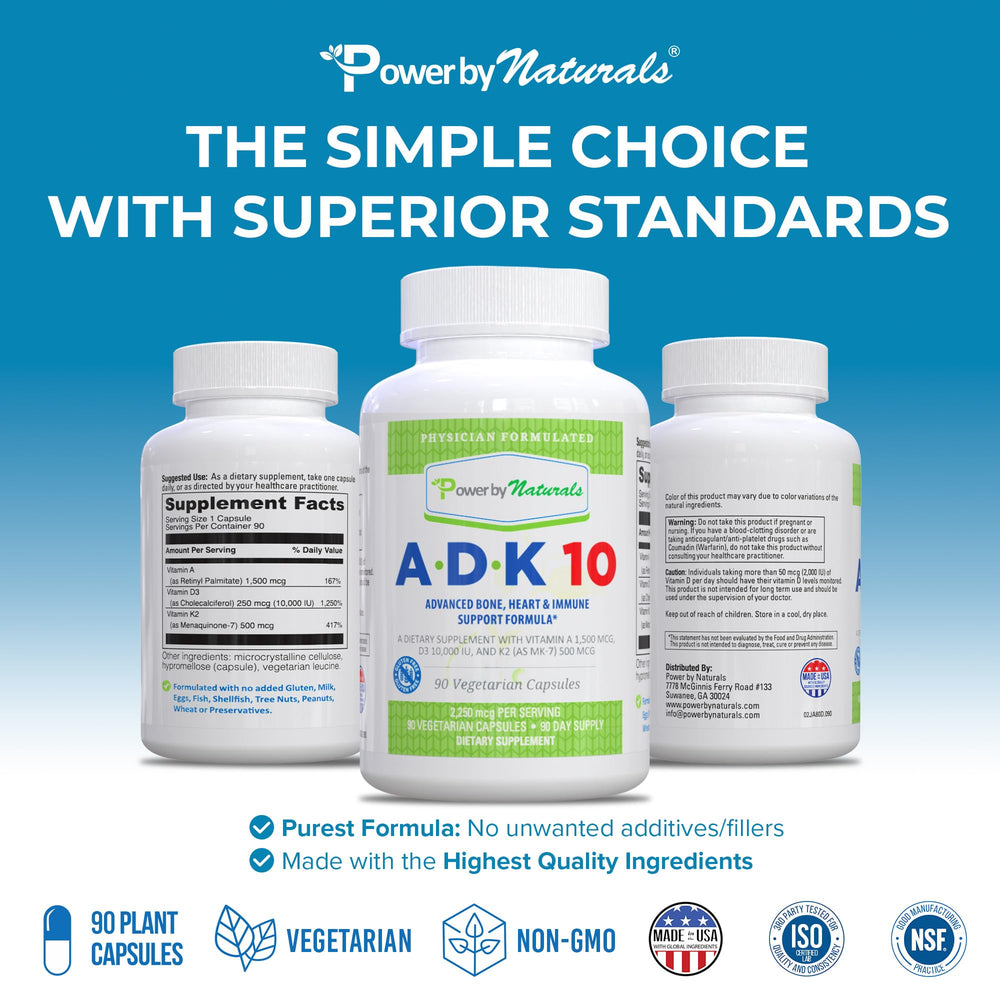 ADK 10 capsules ready for daily regimen with balanced A, D3, K2 intake.