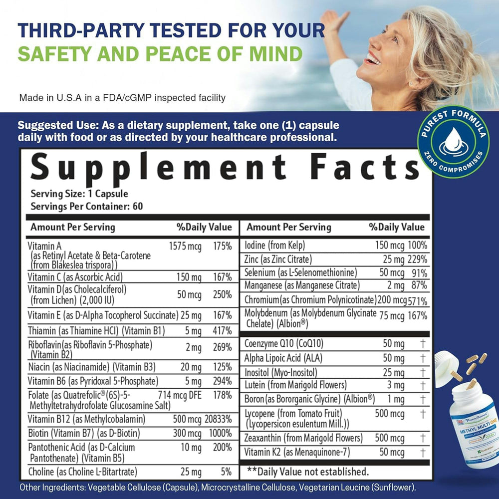 Close-up of Power By Naturals Methyl Multi One label with nutrients listed