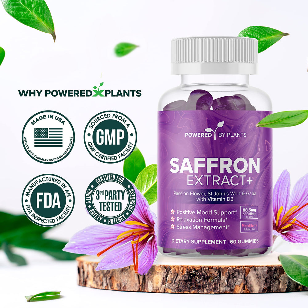 Assorted saffron gummies with saffron threads and vitamins
