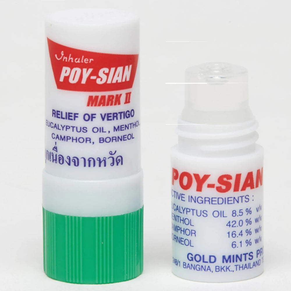 POY-SIAN Mark II ingredients highlight menthol, camphor, eucalyptus for herbal aroma.