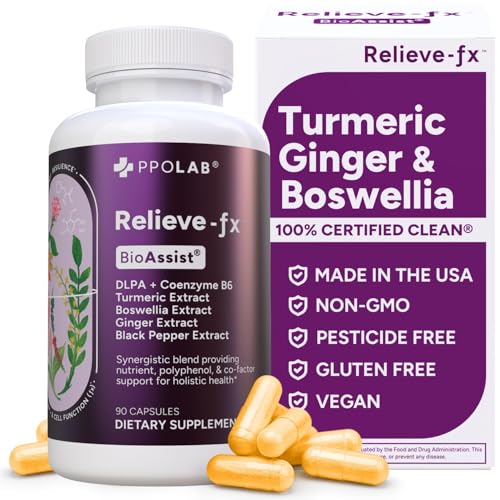 PPO Lab Relieve-fx DLPA Boswellia Turmeric Ginger bottle - front view (90 count)