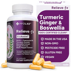 PPO Lab Relieve-fx DLPA Boswellia Turmeric Ginger bottle - front view (90 count)