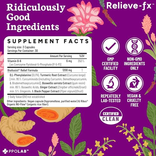 Vegan, gluten-free, non-GMO badge on Relieve-fx packaging