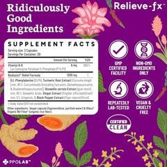 Vegan, gluten-free, non-GMO badge on Relieve-fx packaging