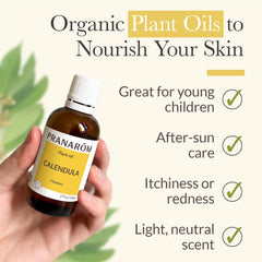 Close-up of Pranarom Calendula Oil bottle label showing organic certification