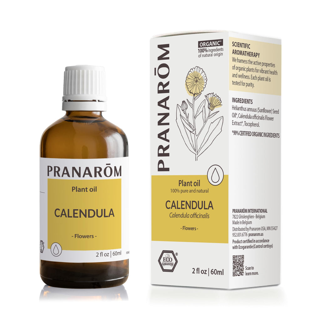 Product image showing 2 fl oz glass bottle and packaging for Calendula oil