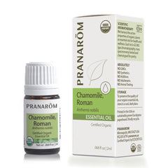 Pranarom Chamomile Roman bottle closeup for gentle relaxation and skincare prep