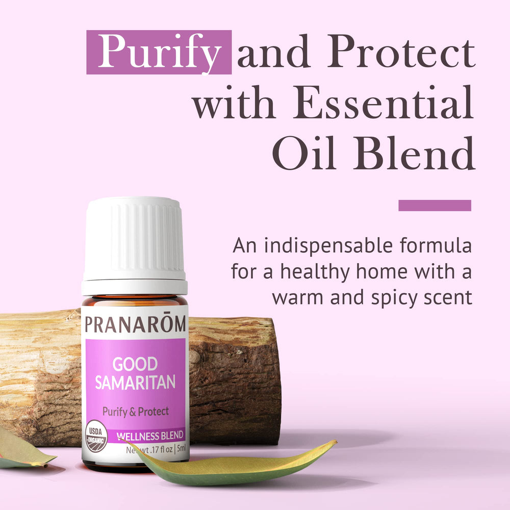 Close-up of Good Samaritan blend ingredients: cinnamon leaf, lemon, rosemary, eucalyptus, clove