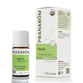 Pranarom Myrrh essential oil bottle for diffusing promotes a calming resinous aroma.
