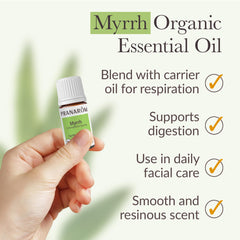 Pranarom Myrrh essential oil bottle applied topically for skincare benefits.