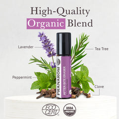 Pranarom Organic Essential Oils label highlighting natural ingredients for skin comfort