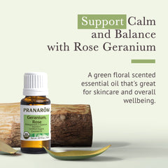 Rose Geranium essential oil bottle with label close-up