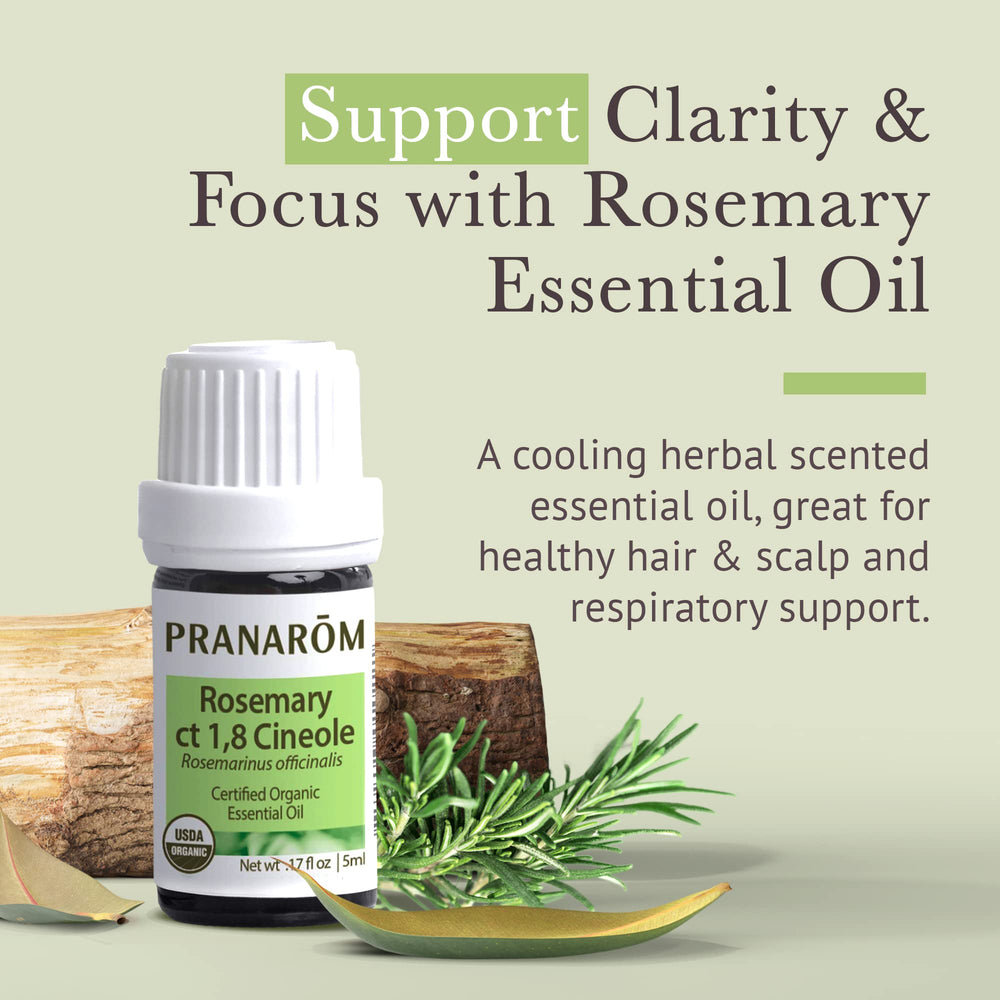 Pranarom Rosemary Cineole label closeup showing organic certifications and purity.