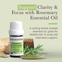 Pranarom Rosemary Cineole label closeup showing organic certifications and purity.