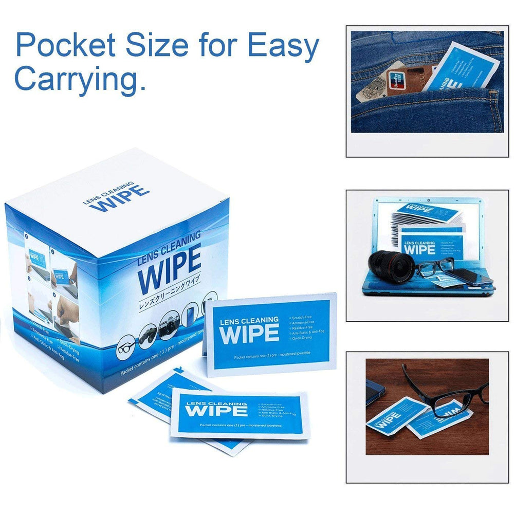 Close-up of pre-moistened lens cleaning wipe
