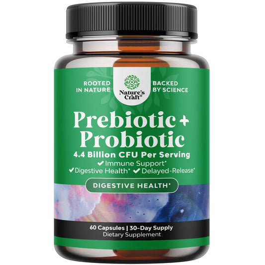 Bottle of prebiotics and probiotics supplement for gut health