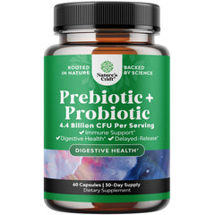 Bottle of prebiotics and probiotics supplement for gut health