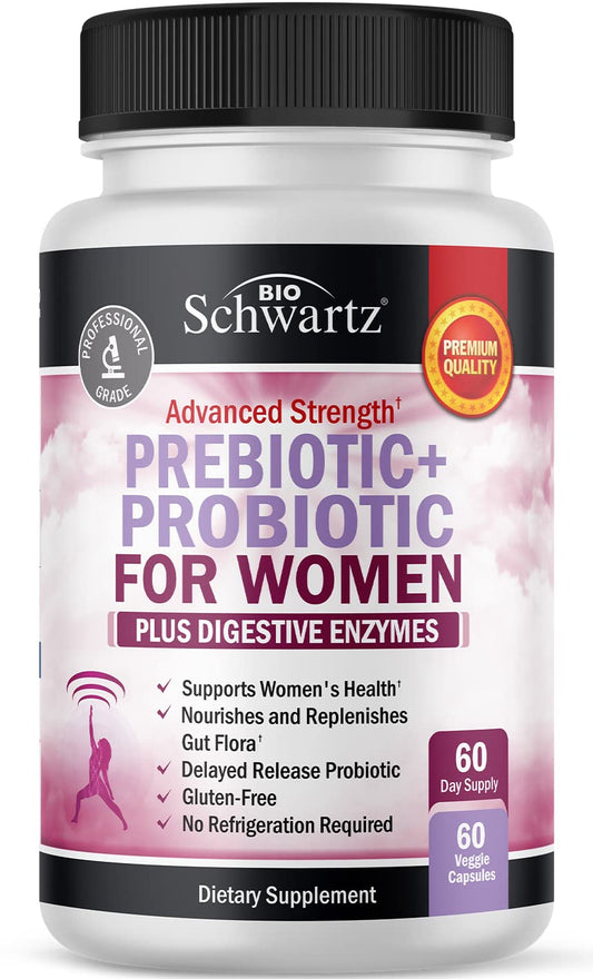 Bottle of prebiotics and probiotics for women with Black Cohosh and Red Clover