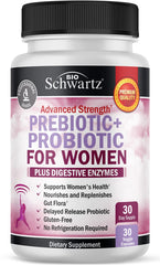 Bottle of Prebiotics and Probiotics for Women on white background