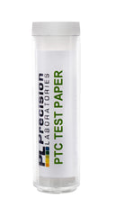 Close-up of PTC strips and vial showing 100 test papers for genetics demonstration.