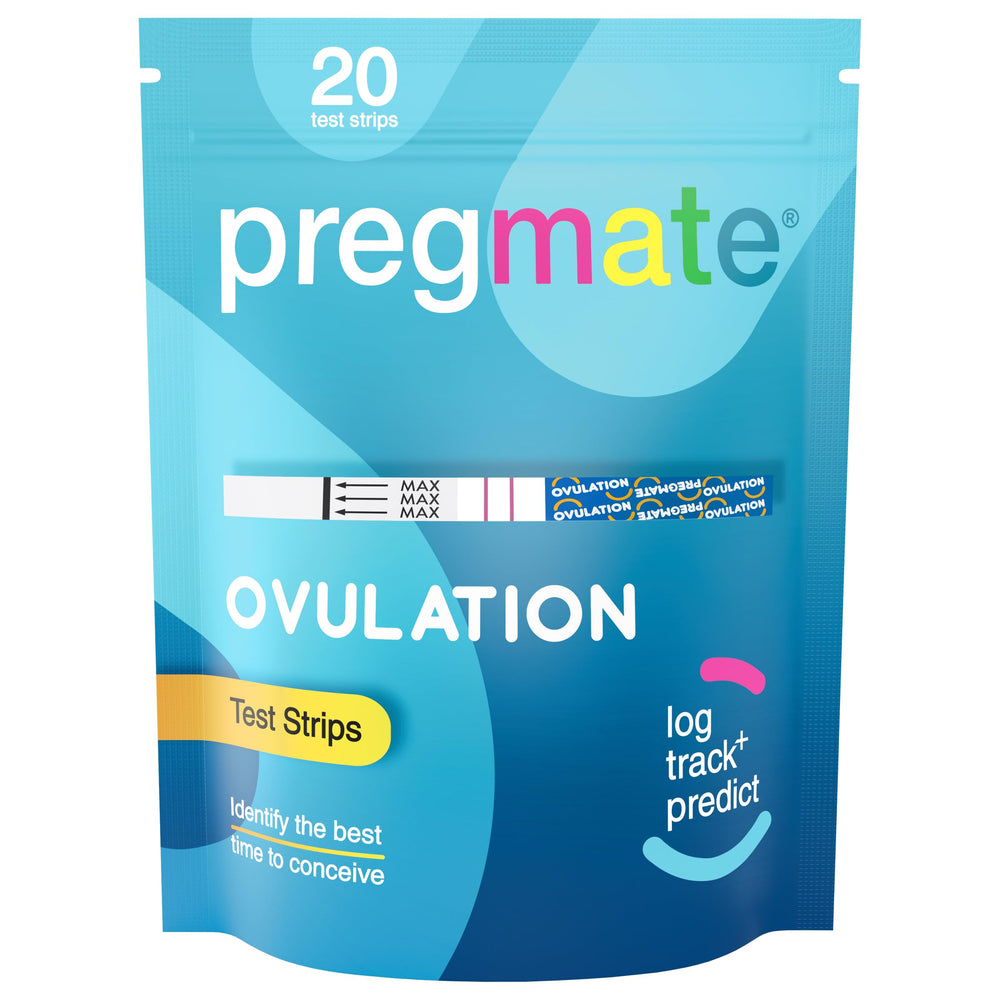 Pregmate 20-count ovulation test strips box and components