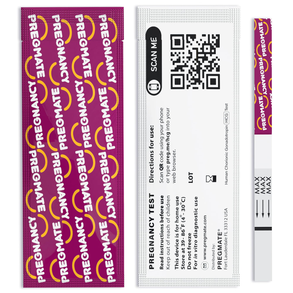 Front of Pregmate 20 pregnancy test strips packaging