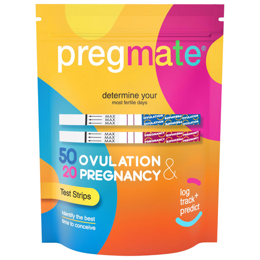 Front view of Pregmate 50 Ovulation and 20 Pregnancy Test Strips Predictor Kit packaging