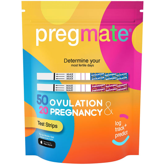 Front of Pregmate 50 ovulation and 20 pregnancy test strips packaging