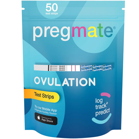 Pregmate 50 count ovulation test strips kit box front view
