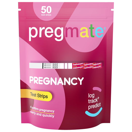 Pregmate 50 pregnancy test strips – 50-count box front view