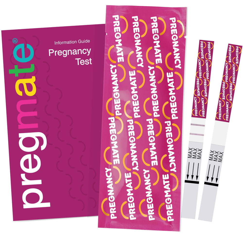 Pack contents of Pregmate 20-count pregnancy test strips