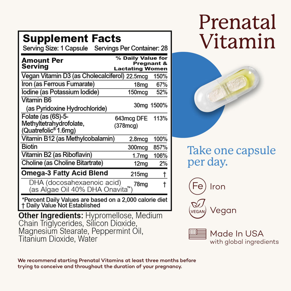 Daily prenatal nutrition with 28 capsules of Premama Prenatal Vitamins