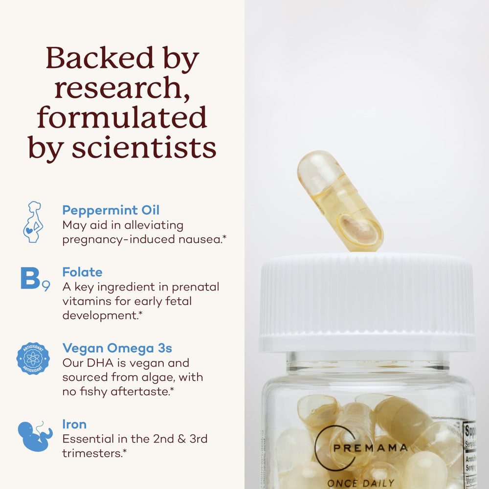 Easy-to-swallow 28-capsule bottle for Premama Prenatal Vitamins