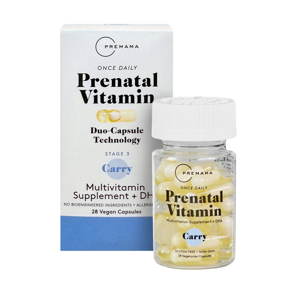 Premama Prenatal Vitamins bottle label showing vegan, allergen-free, gluten-free claims