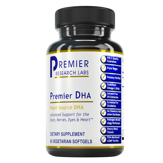 Bottle of Premier DHA vegan algae-based omega-3 softgel capsules