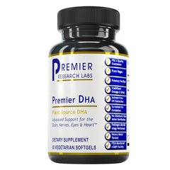 Bottle of Premier DHA vegan algae-based omega-3 softgel capsules