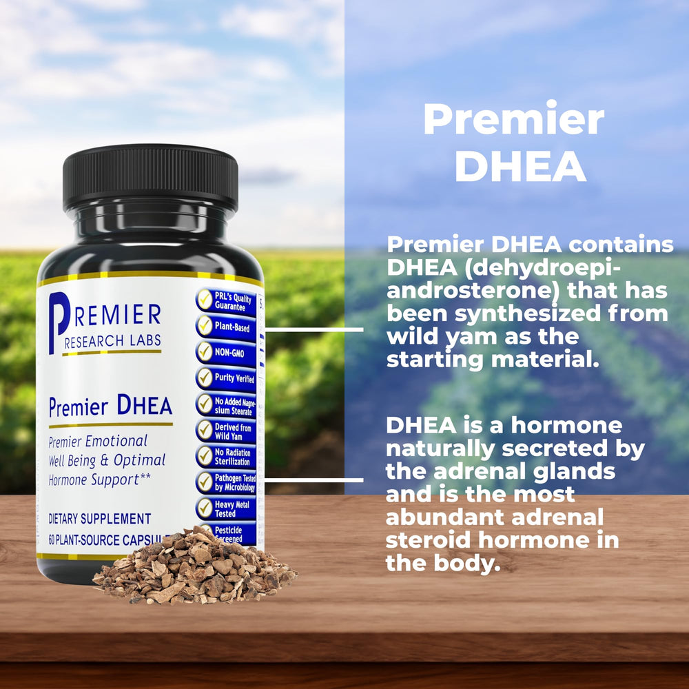 Close-up of Premier DHEA 25mg capsules in blister pack