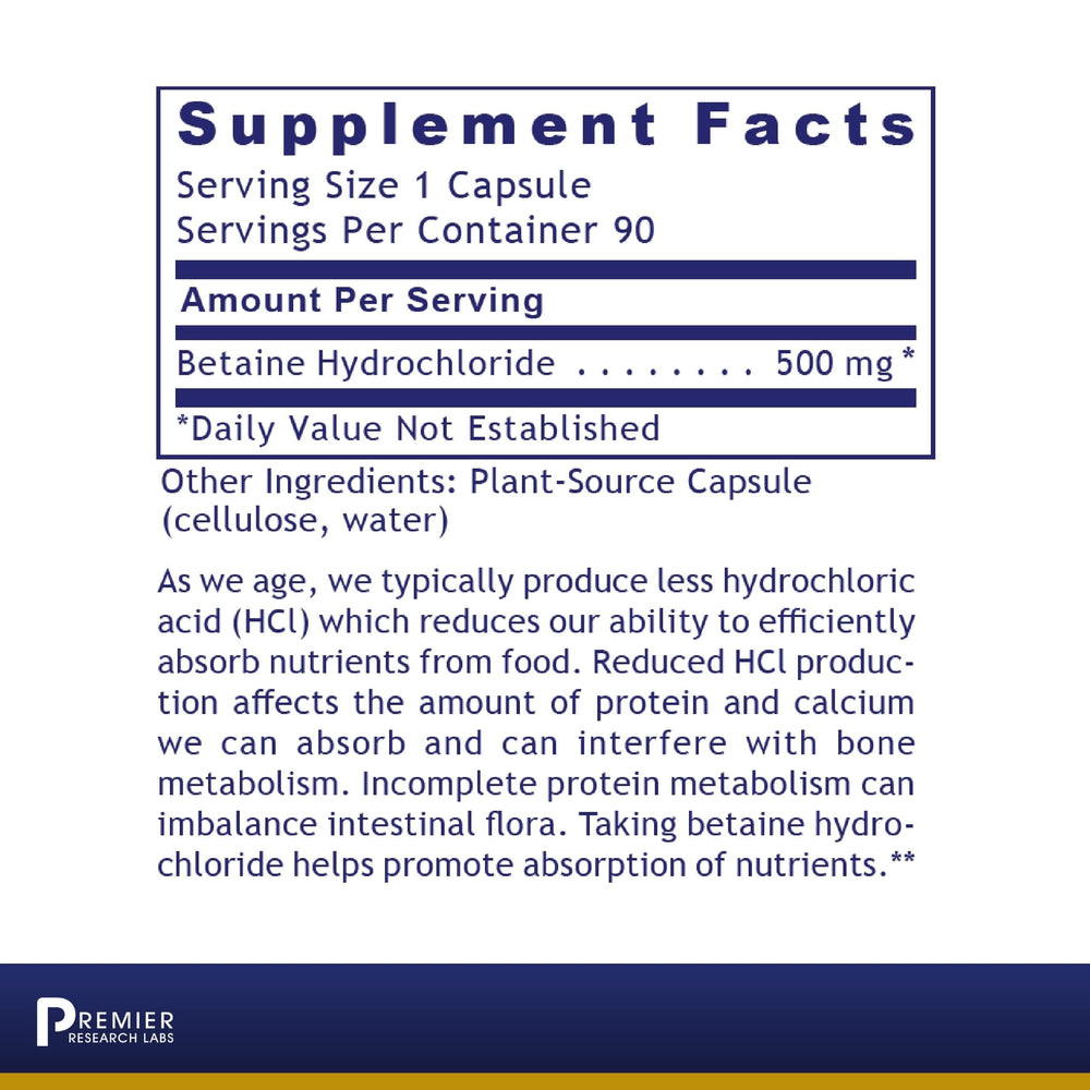 Front view of Premier HCL Betaine HCL bottle