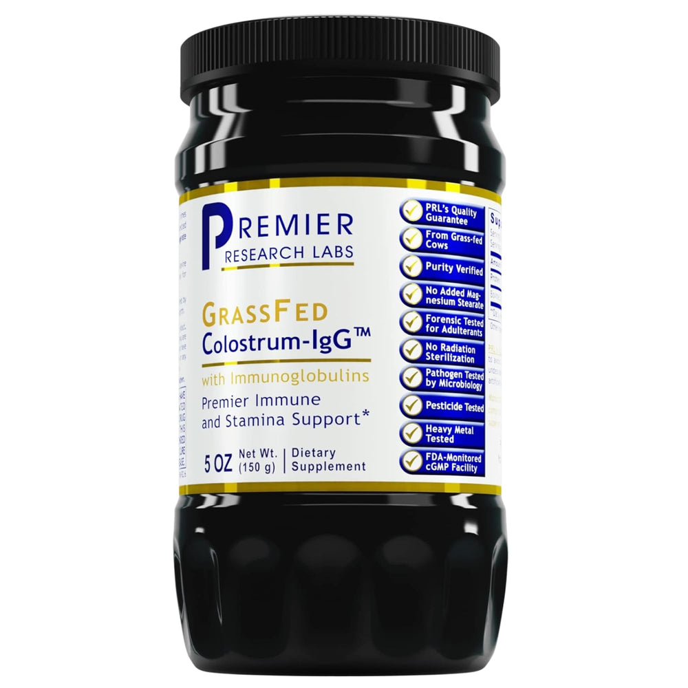 Front view of Premier Research Labs Colostrum Powder bottle