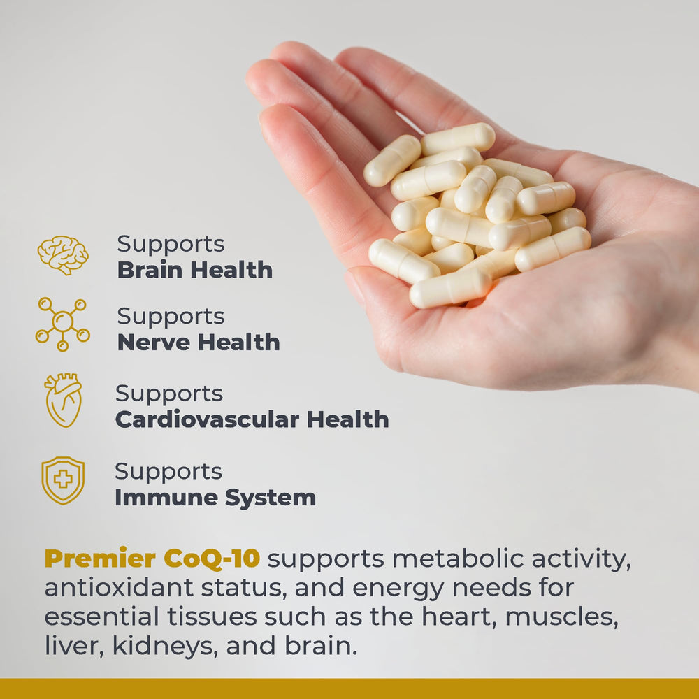 CoQ10 bottle label displaying 100 mg and ingredients