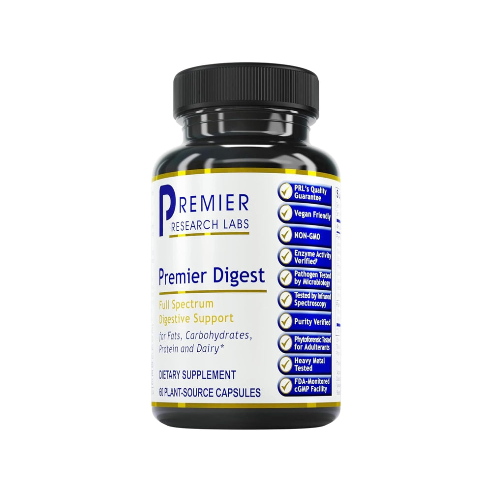 Premier Research Labs Active Digestive Enzymes bottle displaying 60 plant-sourced capsules