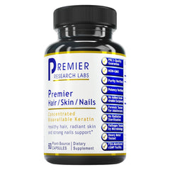 Bottle of Premier Research Labs Keratin Hair/Skin/Nails supplement with 60 vegetarian capsules