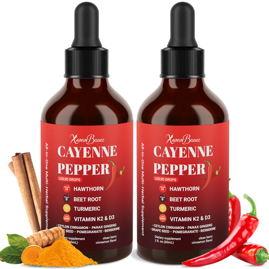 Bottle label of premium cayenne pepper drops with hawthorn, beet root, turmeric, vitamin K2 and D3