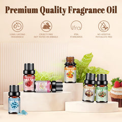 Close-up of six 10ml fragrance oil bottles in the set