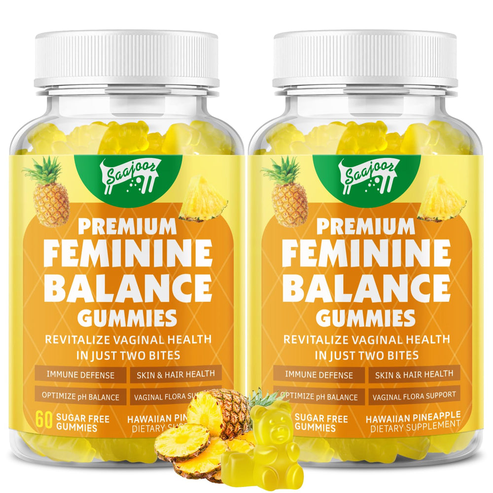 Box and bottle of Premium Feminine Balance Gummies for immune health with pineapple flavor